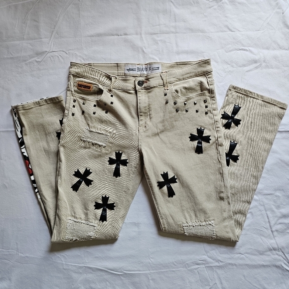 BRAND X beige distressed cross embellished skull print unique streetwear jeans - Picture 3 of 10